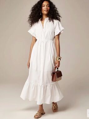 j crew ruffle deep v neck beach dress J. Crew Cotton Voile Ruffle Stripe Midi Dress Beach Coastal Blue White Sz M NWT